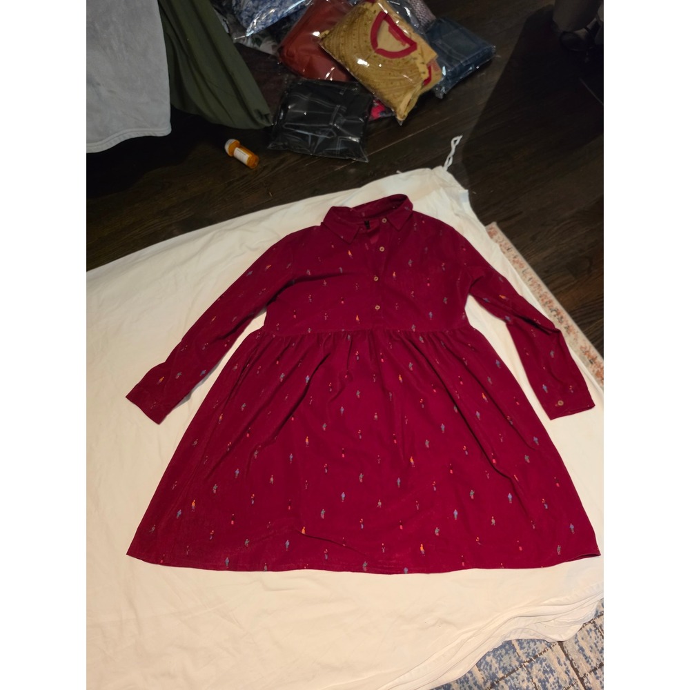 Burgundy Corduroy Long Sleeve Mini Dress Embroidered Figures Pockets Wine Red